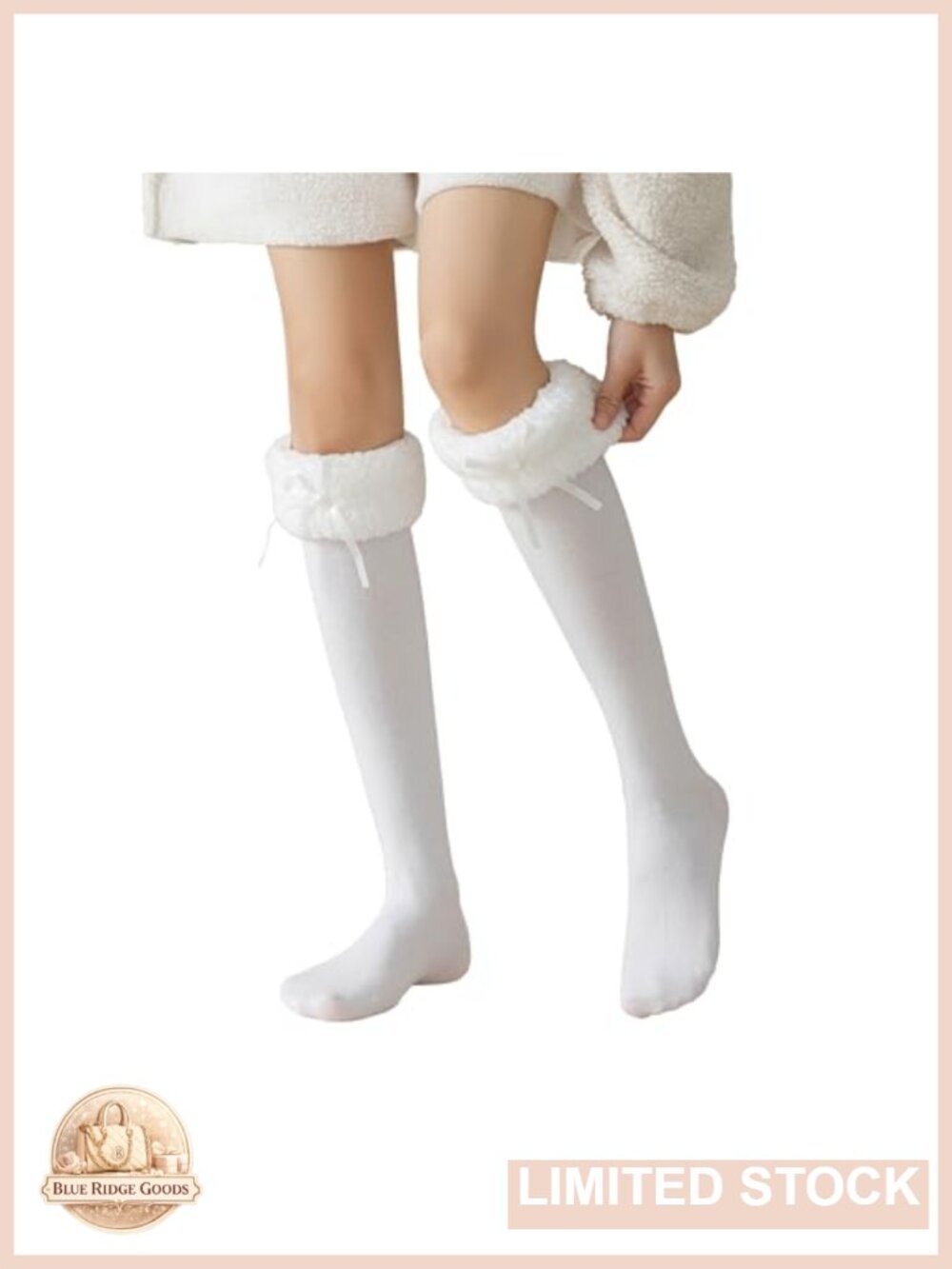 Cotton Calf Socks Fur Trim Cuff Top Bow Women Size 5-9